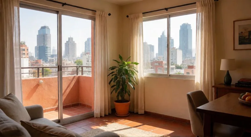 mejor pais barato para vivir, Interior de un apartamento luminoso en México con vistas a la ciudad