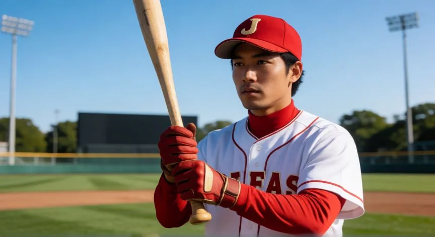 mejor pais beisbol, Béisbolista japonés con uniforme tradicional sosteniendo un bate en un campo soleado