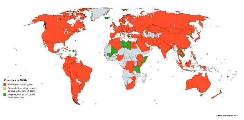 Mapa del mundo con países disponibles en BitLife,区分ando estados soberanos y destinos vacacionales