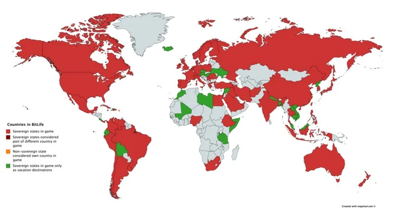 mejor pais bitlife, Mapa de países de BitLife con estados soberanos, territorios y destinos vacacionales marcados