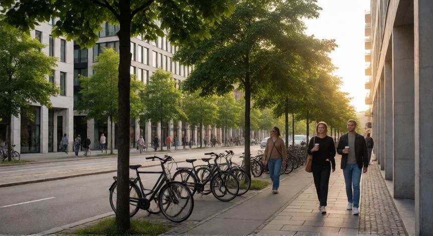 Vida urbana y segura en una ciudad escandinava con ciclistas y peatones