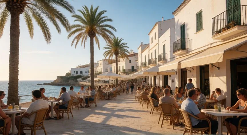 mejor pais calidad de vida, Escena relajada en una ciudad mediterránea con gente disfrutando de la vida al aire libre