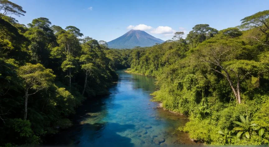 Paisaje natural de la selva costarricense con un río y volcán al fondo