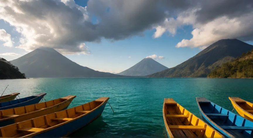 mejor pais centroamericano para viajar, Lago de Atitlán en Guatemala rodeado de volcanes y botes tradicionales