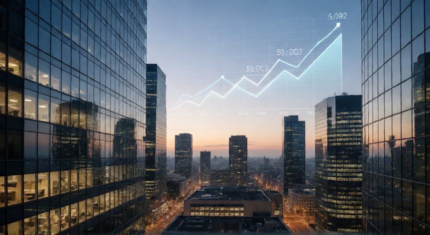 Vista de distrito financiero moderno con gráficos económicos superpuestos al atardecer
