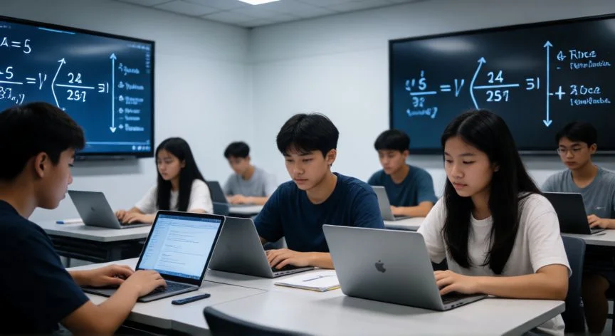 mejor pais con educacion, Estudiantes en Singapur utilizando tecnología avanzada en un aula moderna