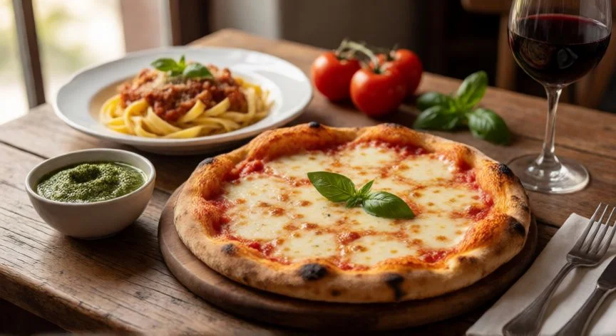Mesa con platos típicos de la gastronomía italiana como pizza y pasta