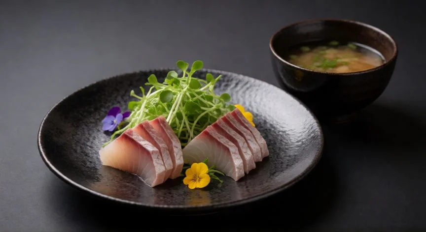 mejor pais con gastronomia, Plato elegante de cocina japonesa con sashimi y detalles decorativos
