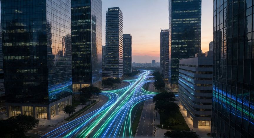 Infraestructura de fibra óptica en Singapur al atardecer