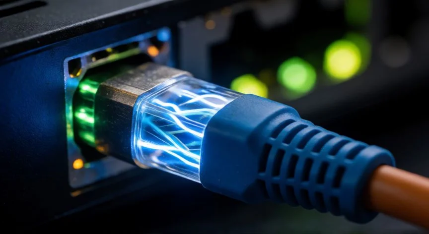 mejor pais con internet, Conector de fibra óptica con pulsos de luz azul y verde