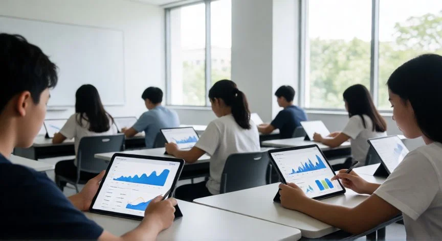 Estudiantes en un aula moderna de Singapur utilizando tecnología educativa