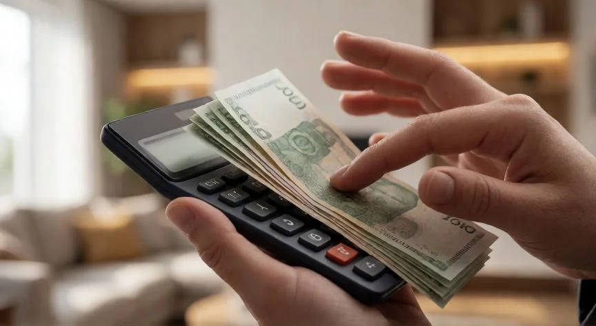 mejor pais con salario minimo, Manos contando dinero y usando una calculadora para planificar finanzas