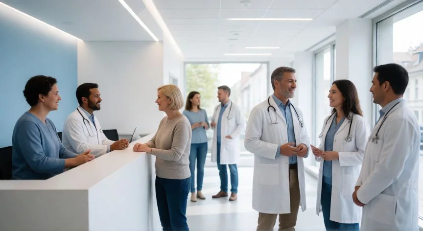 Interior moderno de un hospital con personal médico atendiendo a pacientes en un sistema de salud eficiente