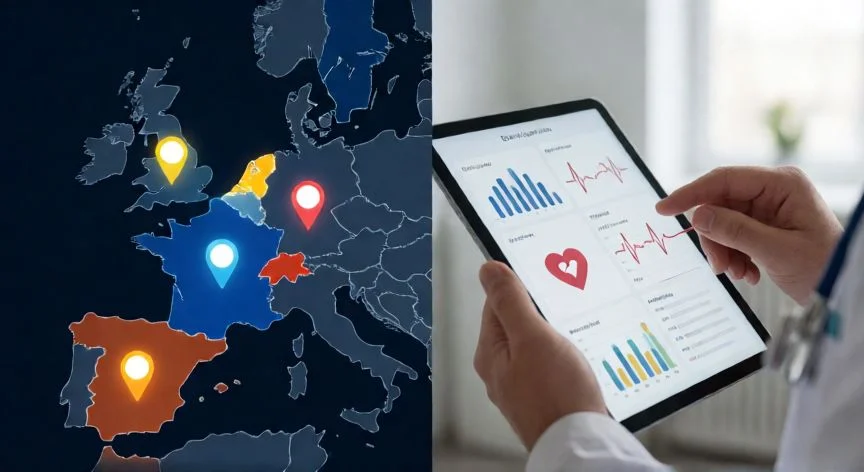 mejor pais con sistema de salud, Comparativa visual de los mejores sistemas de salud europeos y datos médicos en una tableta