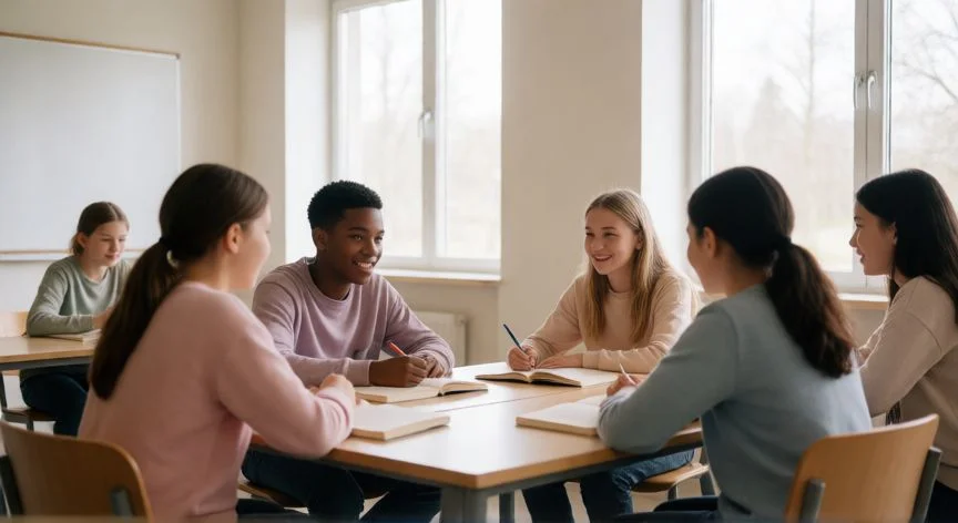 Aula moderna en Finlandia con estudiantes colaborando en un entorno de bajo estrés