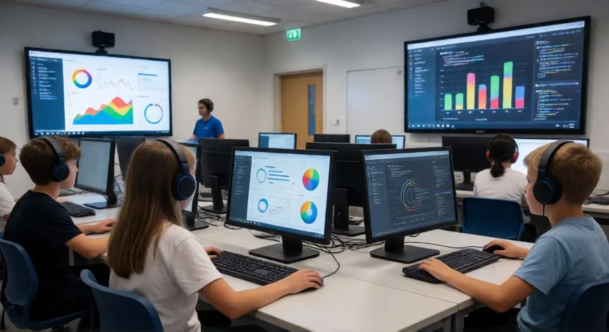 mejor pais con sistema educativo, Estudiantes en un laboratorio tecnológico integrado con herramientas digitales avanzadas