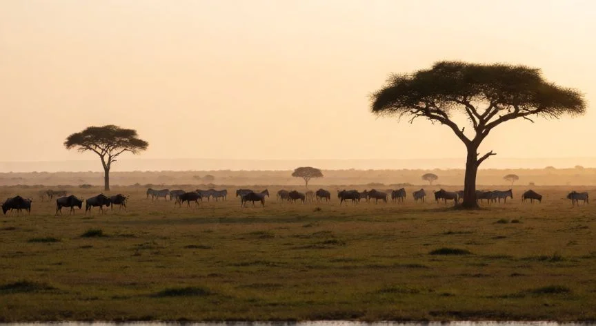 mejor pais de africa, Paisaje natural de la sabana africana con vida salvaje al atardecer