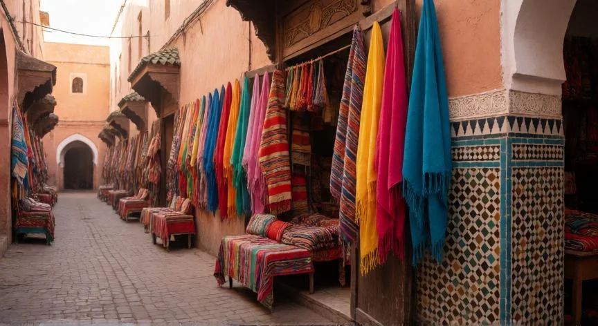 mejor pais de africa para visitar, Callejón colorido y ornamentos tradicionales en la medina de Marrakech