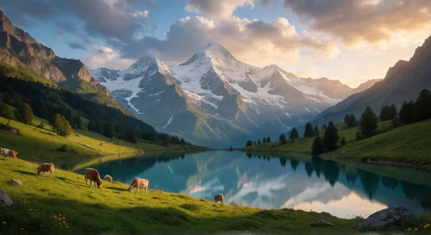 Paisaje alpino suizo con montañas nevadas y un lago de aguas cristalinas al atardecer