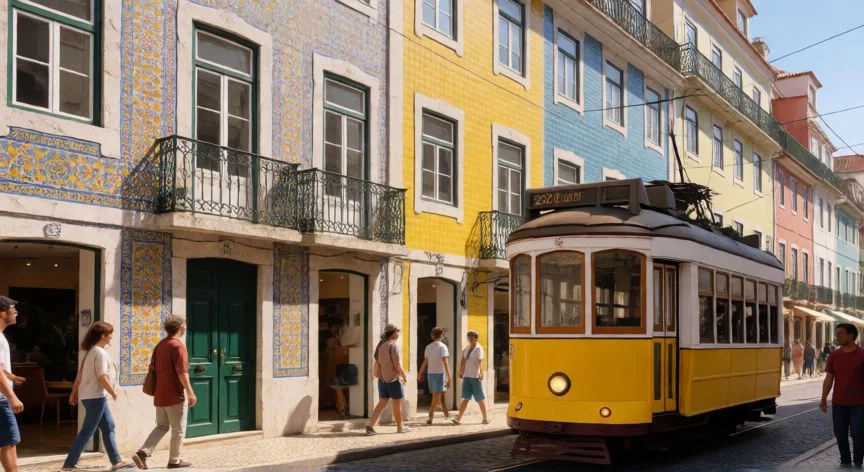 mejor pais de europa, Calle colorida en Lisboa con tranvía amarillo y edificios históricos de azulejos bajo el sol