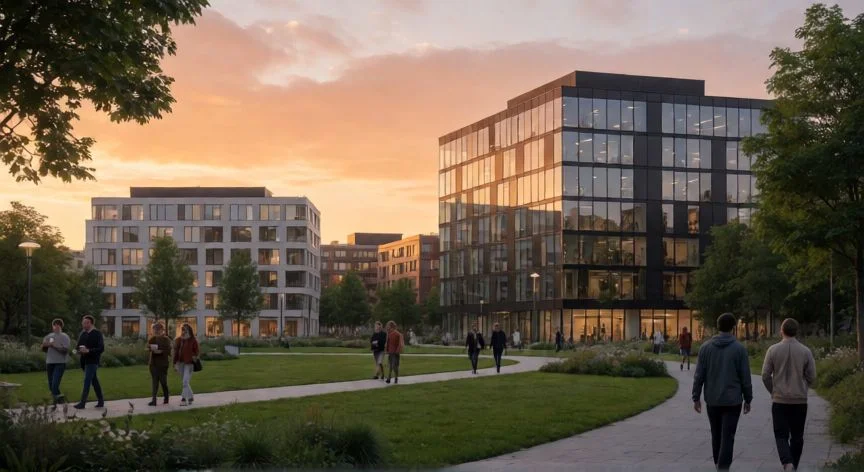 Vista urbana moderna y sostenible en un país nórdico al atardecer