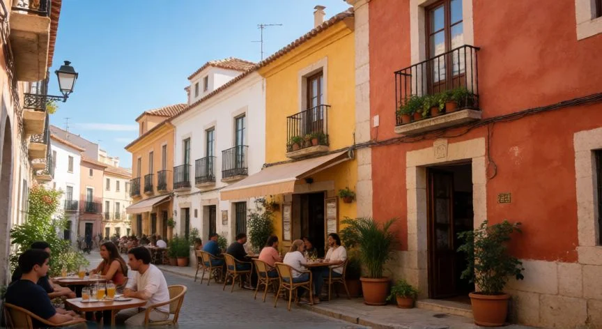 mejor pais de europa para vivir, Calle soleada y animada en el sur de Europa con cafeterías al aire libre