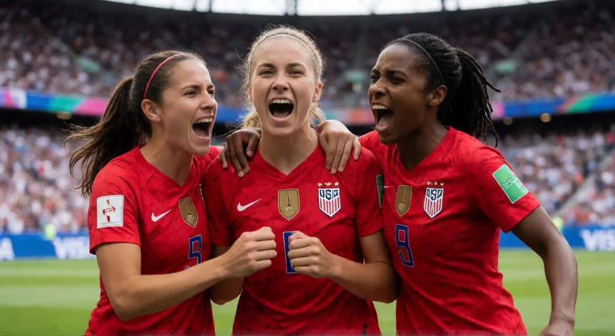 Jugadoras de la selección femenina de Estados Unidos celebrando en un estadio lleno