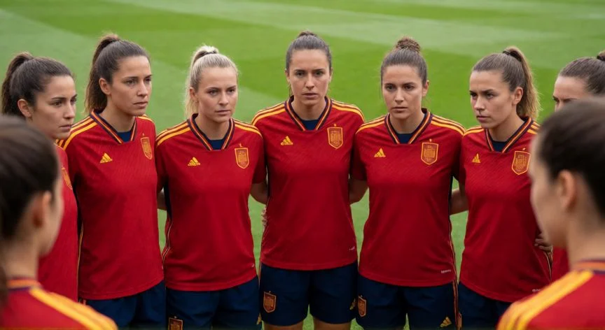 mejor pais de futbol femenino, Plantel de la selección femenina de España en reunión táctica antes del partido