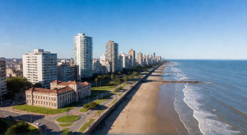 Vista aérea de Montevideo mostrando su arquitectura moderna y la costa del Río de la Plata bajo un cielo despejado