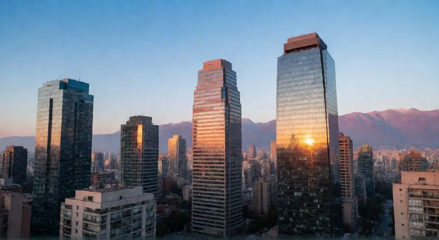 Vista panorámica del skyline moderno de Santiago de Chile al atardecer con las montañas de fondo