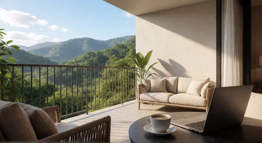 Vista panorámica desde un balcón en Costa Rica ideal para teletrabajo