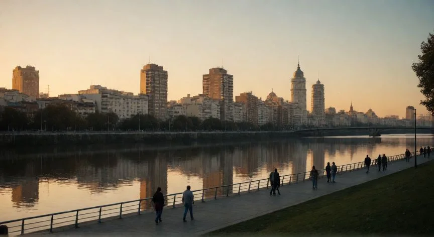 Vista panorámica de Montevideo al atardecer mostrando estabilidad urbana