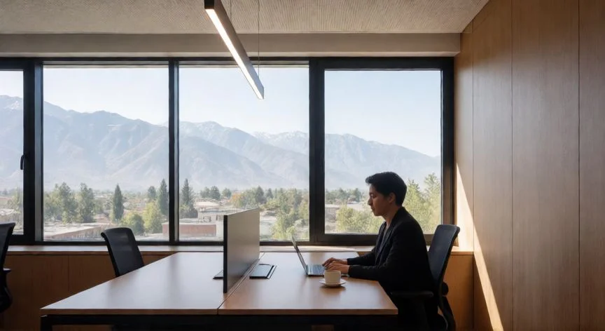 mejor país de latinoamérica para vivir 2026, Espacio de trabajo remoto moderno en Santiago con vista a los Andes