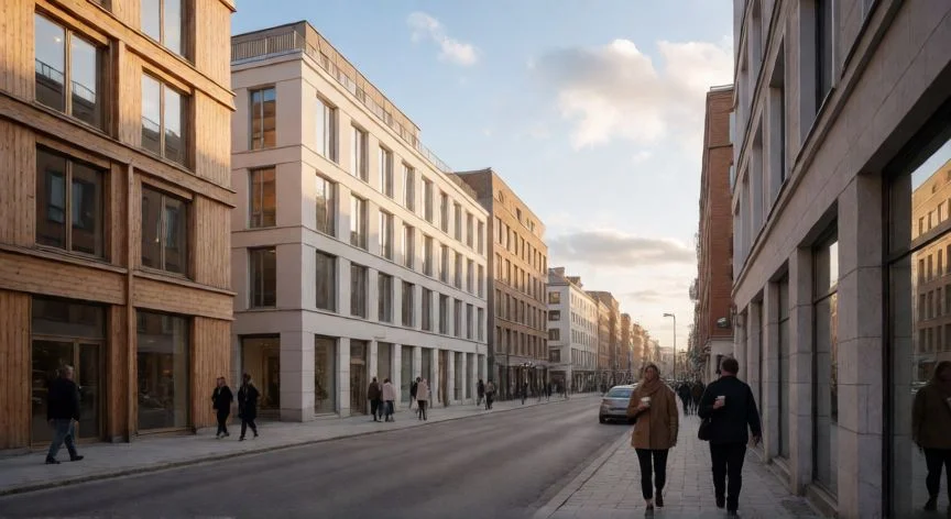 Calle moderna en Helsinki con arquitectura escandinava y peatones disfrutando del atardecer