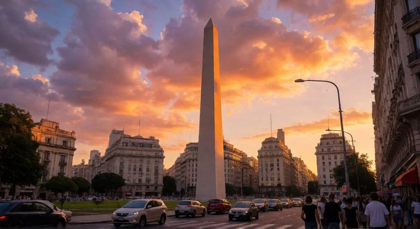 Vista panorámica del Obelisco de Buenos Aires al atardecer con la ciudad vibrante