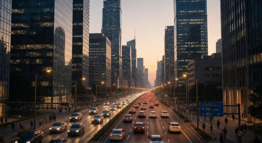 mejor pais del mundo juego, Vista panorámica de una ciudad próspera al atardecer simulando gestión económica exitosa