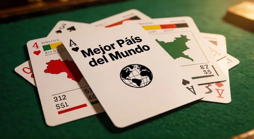 mejor pais del mundo juego de cartas, Mazo de cartas del juego Mejor País del Mundo sobre tapete verde