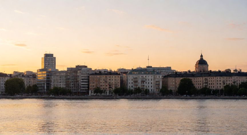 Vista panorámica del horizonte de Helsinki en Finlandia al atardecer
