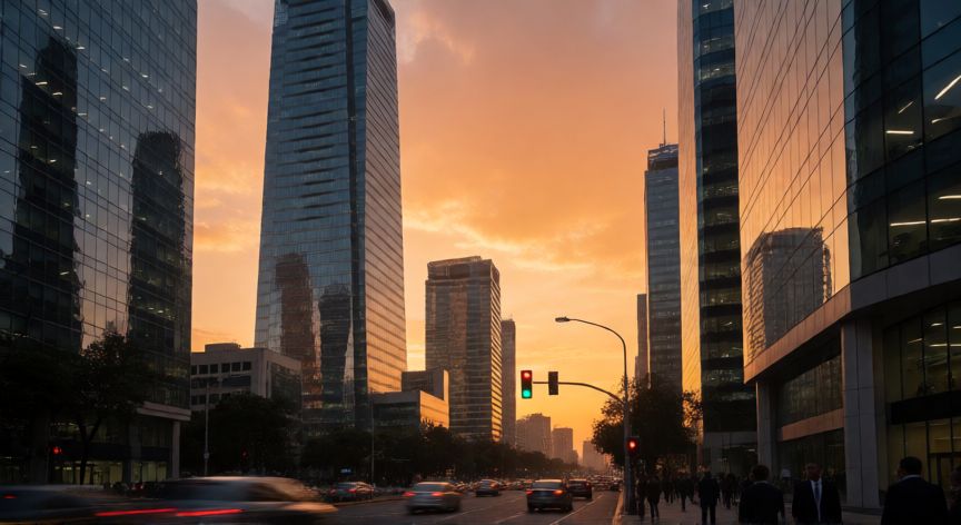 Vista panorámica de la ciudad de México y su distrito financiero al atardecer