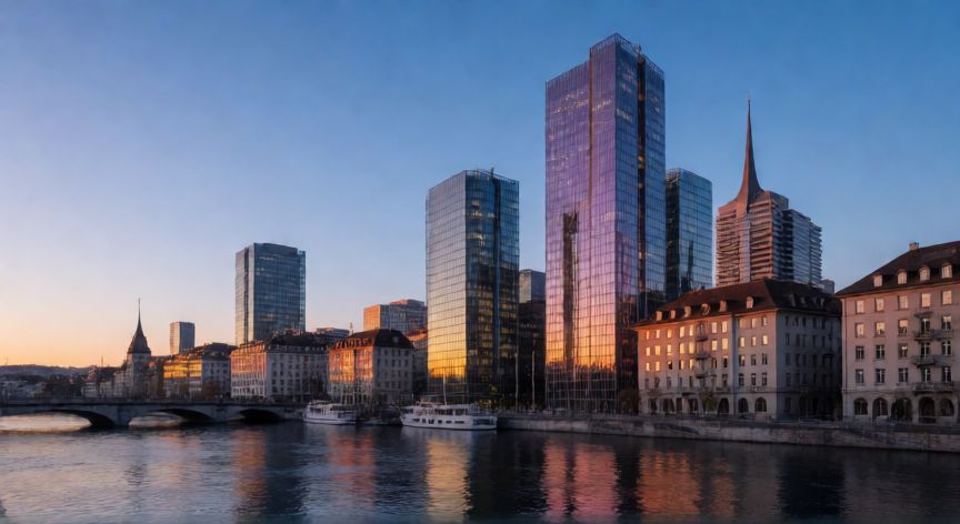 Vista panorámica de Zúrich, Suiza, al atardecer con edificios modernos