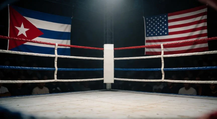 mejor pais en boxeo, Ring de boxeo con banderas de Cuba y Estados Unidos en las esquinas
