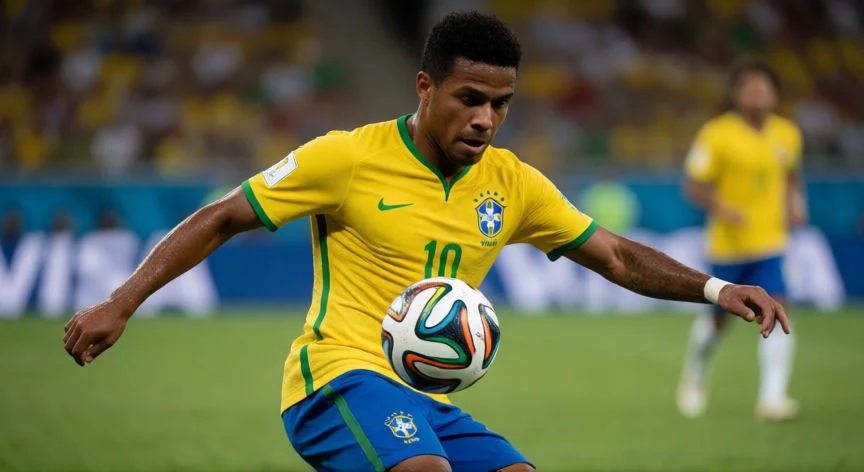 mejor pais en deportes, Jugador de fútbol brasileño en acción durante un partido internacional