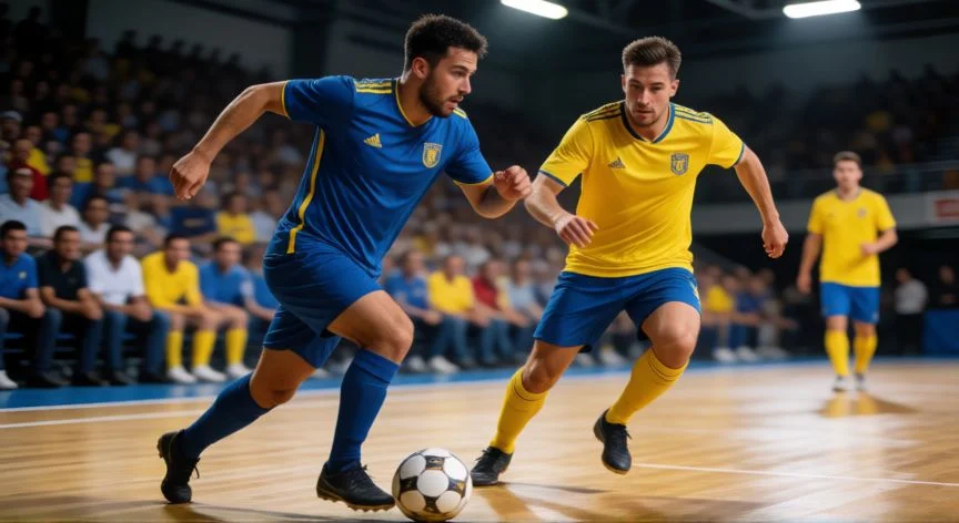 Jugadores de fútbol sala en acción durante un partido intenso