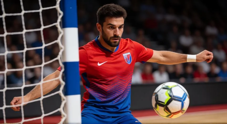 mejor pais en futbol sala, Disparo potente de un jugador de fútbol sala en un pabellón cubierto