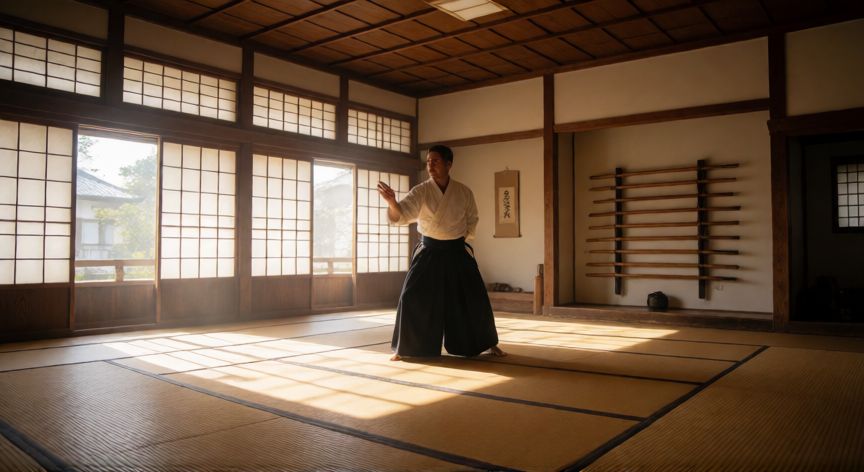 Maestro de karate practicando kata en un dojo tradicional japonés