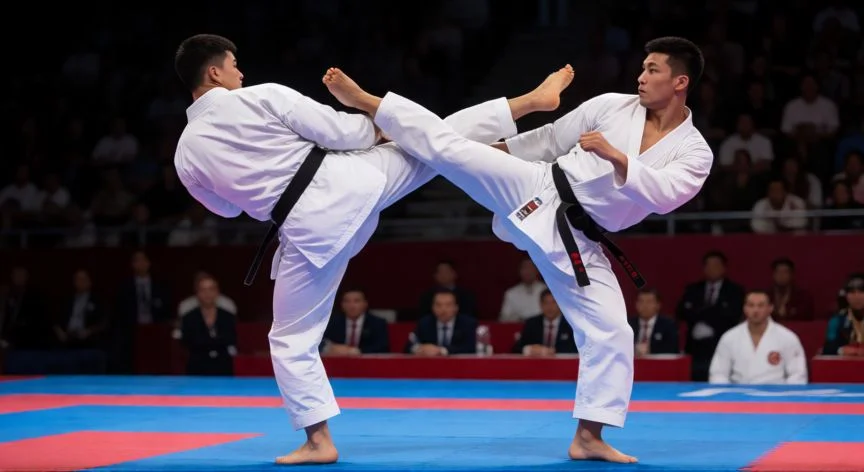 mejor pais en karate, Atletas de élite compitiendo en kumite durante un campeonato mundial