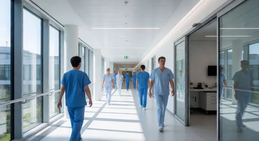 Corredor moderno en un hospital de vanguardia en Suiza