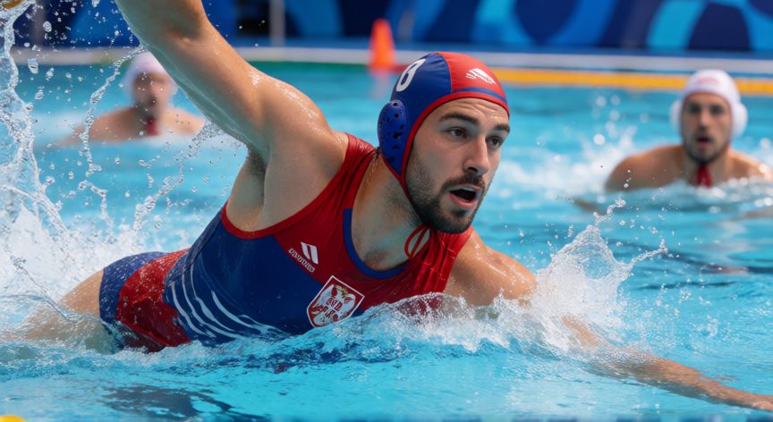 Jugador de waterpolo serbio realizando una parada bajo el agua durante un partido