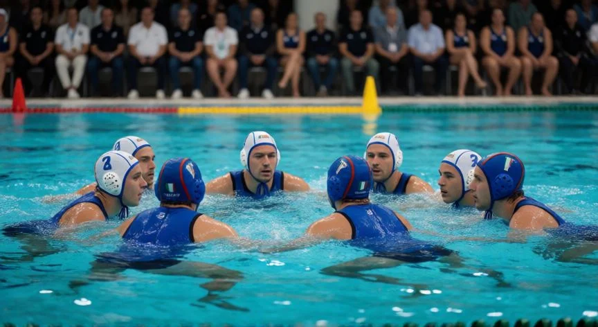 mejor pais en waterpolo, Equipo de waterpolo italiano en formación defensiva durante un encuentro