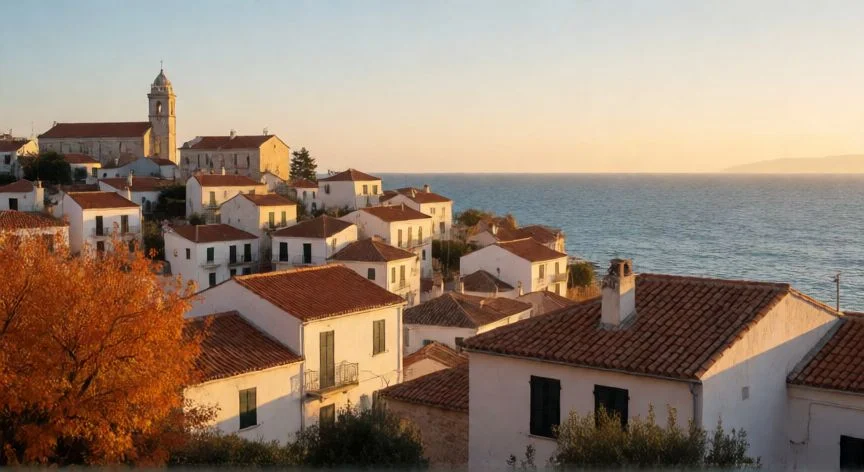Paisaje costero en el sur de Europa con luz dorada de noviembre y arquitectura mediterránea